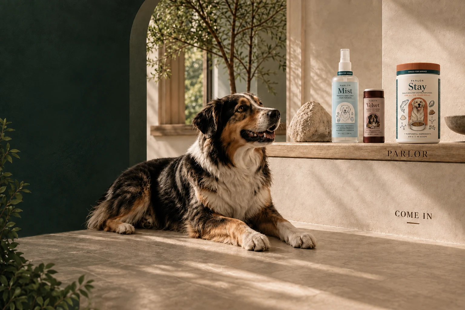 An Australian shepherd at the Parlor counter beside our upcoming care collection.