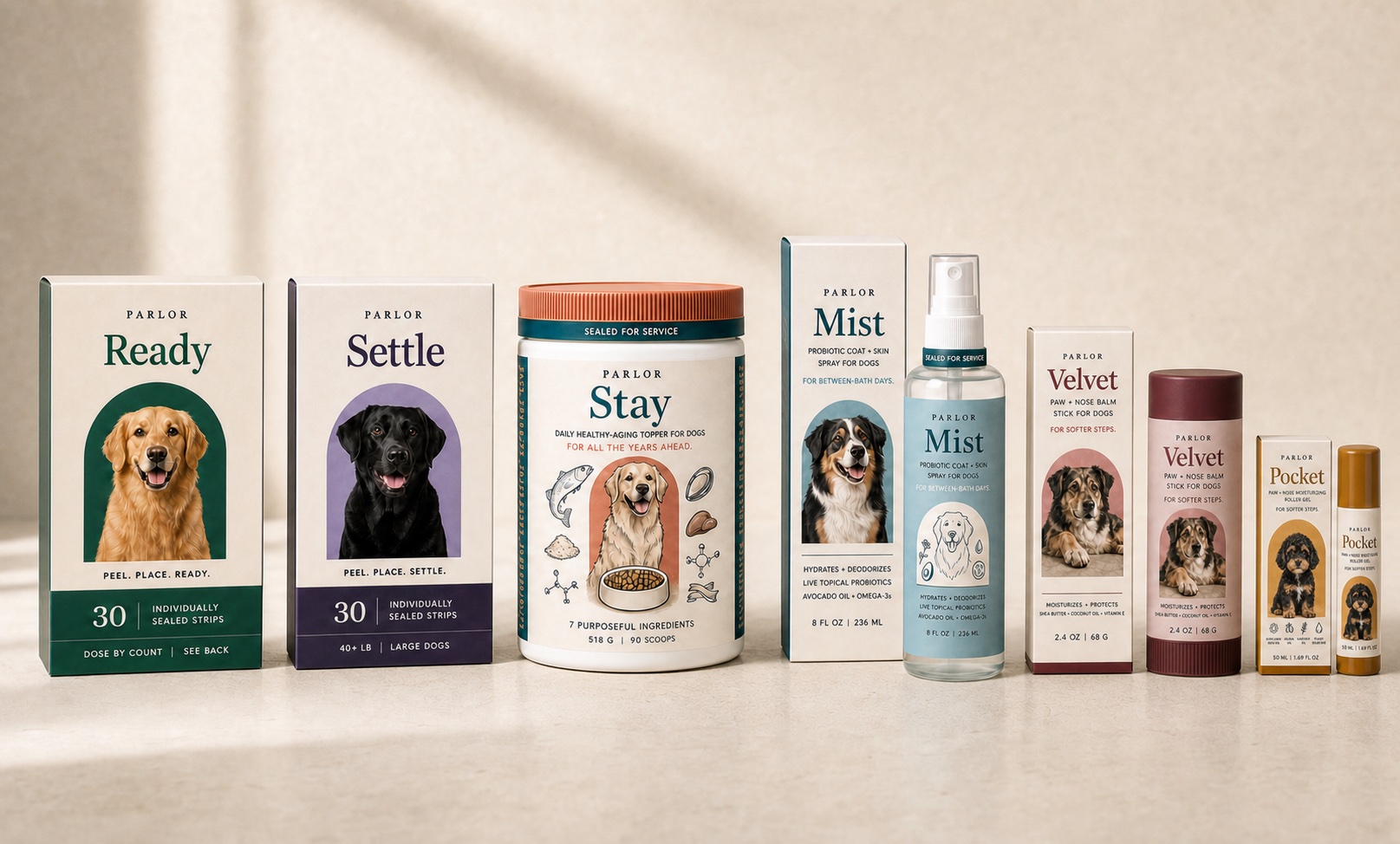 The upcoming Parlor family: Ready, Settle, Stay, Mist, Velvet, and Pocket.